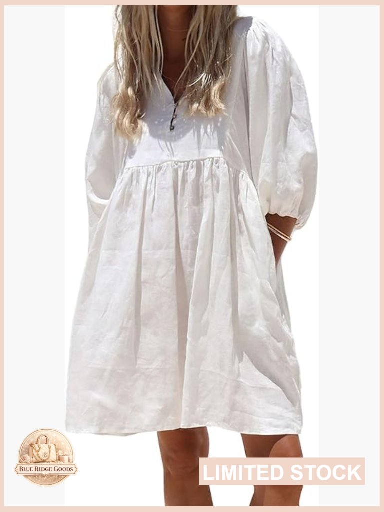 Puff Sleeve Cotton Tunic Dress V-Neck Mini Babydoll Casual Summer Chic